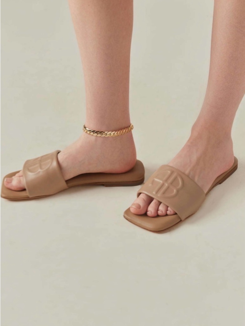 Anine Bing Beige/Tan Embossed Logo Slide Sandals